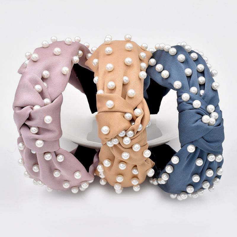 Nueva Diadema De Perlas Completa Tela Anudada Diadema De Color Sólido Accesorios Para El Cabello De Moda