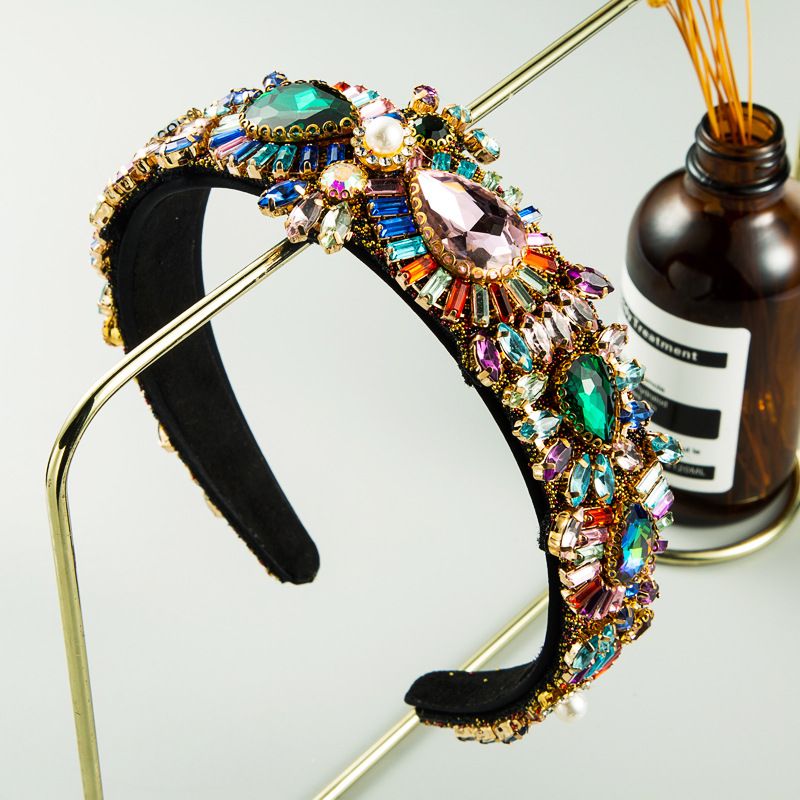 New Multi-layer Bangs Clip Headband Women's Fabric Colorful Rhinestone Baroque Wide-brimmed Headband