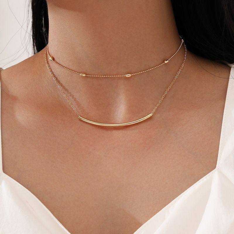 New Fashion Simple Double Layered Gold Thin Chain Small Tube Pendant Necklace