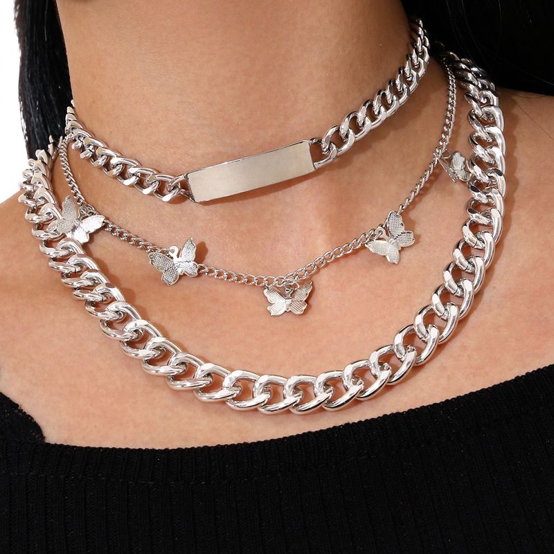 Fashion New Punk Style Long Strip Multi-layer Silver Flower Butterfly Tassel Clavicle Chain Necklace