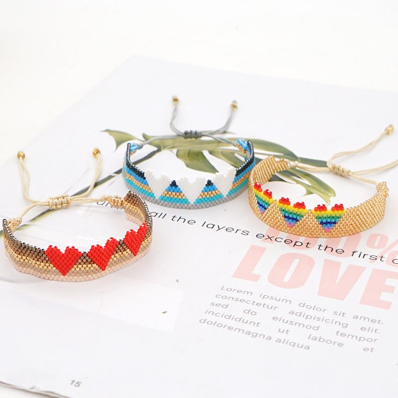 Rice Bead Woven Rainbow Gradient 3 Love Wide Bracelet For Women Wholesale