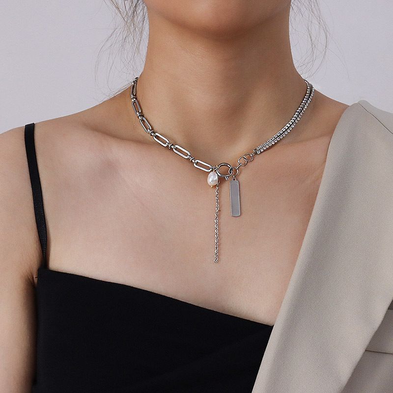 Minimalist Style Cross Chain Flower Pearl Silver Full Diamond Titanium Steel Bracelet Necklace Set For Women