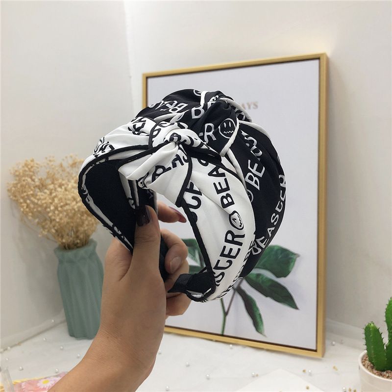 Korea New Simple Fashionable Alphabet Fabric Bilateral Hit Color Middle Knot Wide Side Hairband For Women