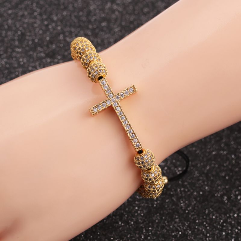 Neues Kreuz Mikro-eingelegtes Zirkon 8mm Diamantkugel 6mm Kupferperle Verstellbares Armband
