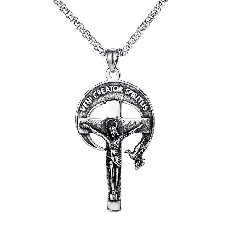 Classic Religious Jesus Cross Peace Dove Moon Titanium Steel Men's Necklace Wholesale