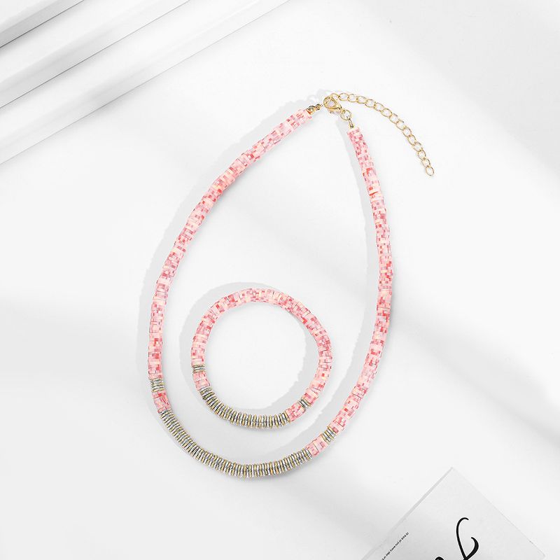 Fashion Pink Soft Ceramic 6mm Clavicle Chain Women's Short Necklace Bracelet Set