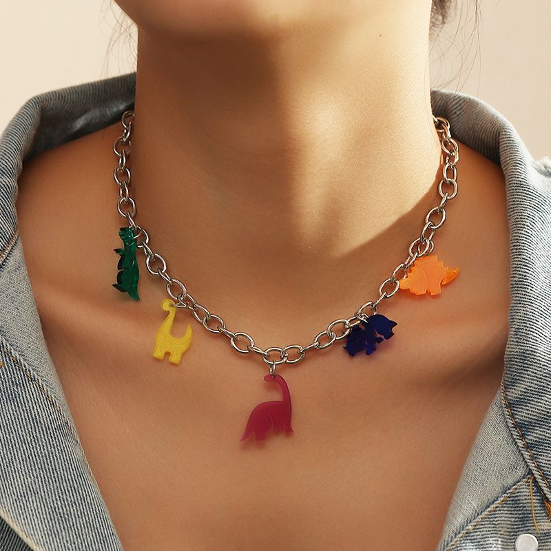 Cute Fun Resin Dinosaur Pendant  Silver Chain Women's Necklace