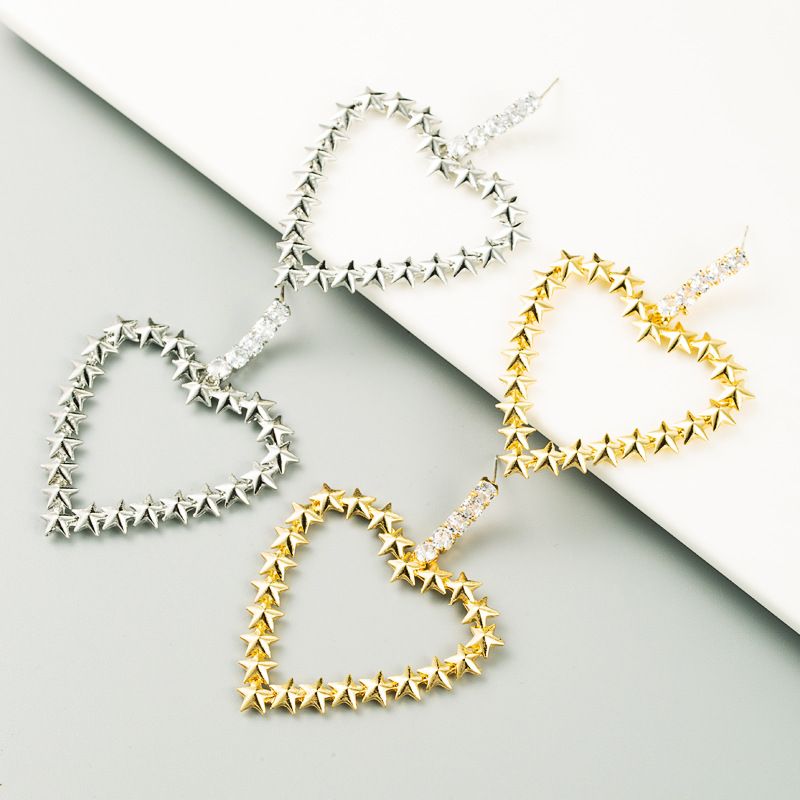 Exaggerated Golden Heart-shaped Alloy Inlaid Rhinestones S925 Silver Needle Fashion All-match Earrings Wholesale