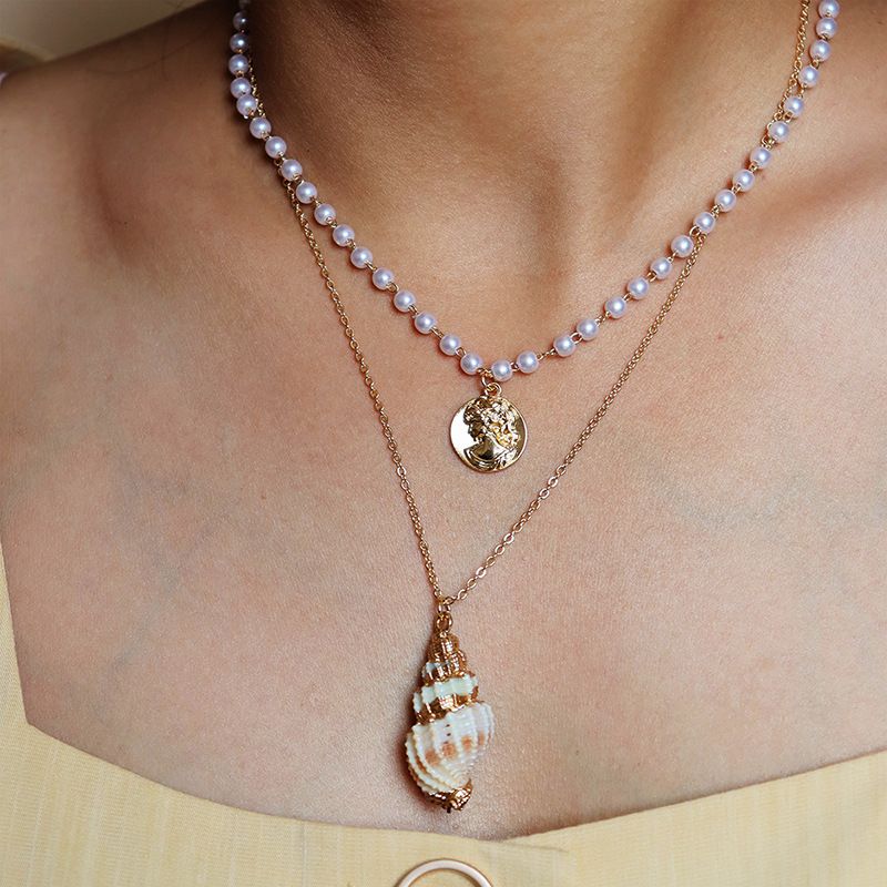 Hot Selling Double Layer Gold Coin Shell Women's Necklace