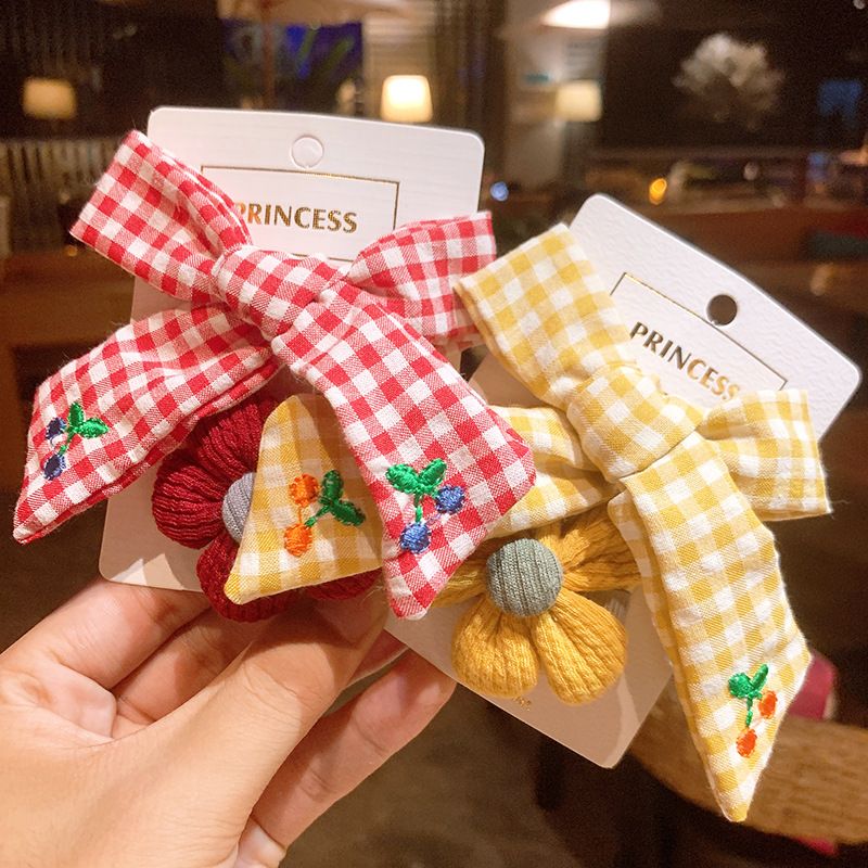 Korean  Princess Bow  Cute Flower  Plaid Fabric Cherry Hair Clip Set