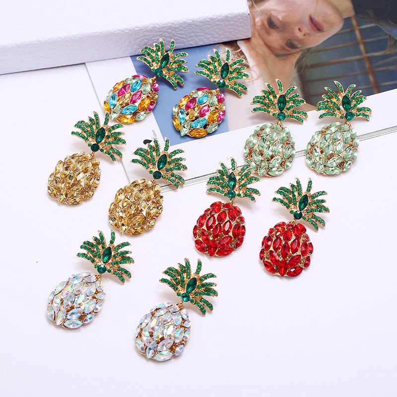 Moda Creativa Fruta Piña Con Incrustaciones De Coloridos Pendientes De Diamantes Al Por Mayor
