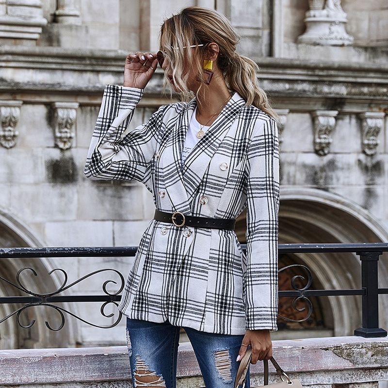 Women Slim-fit Plaid Double-breasted Long-sleeved Jacket Wholesale