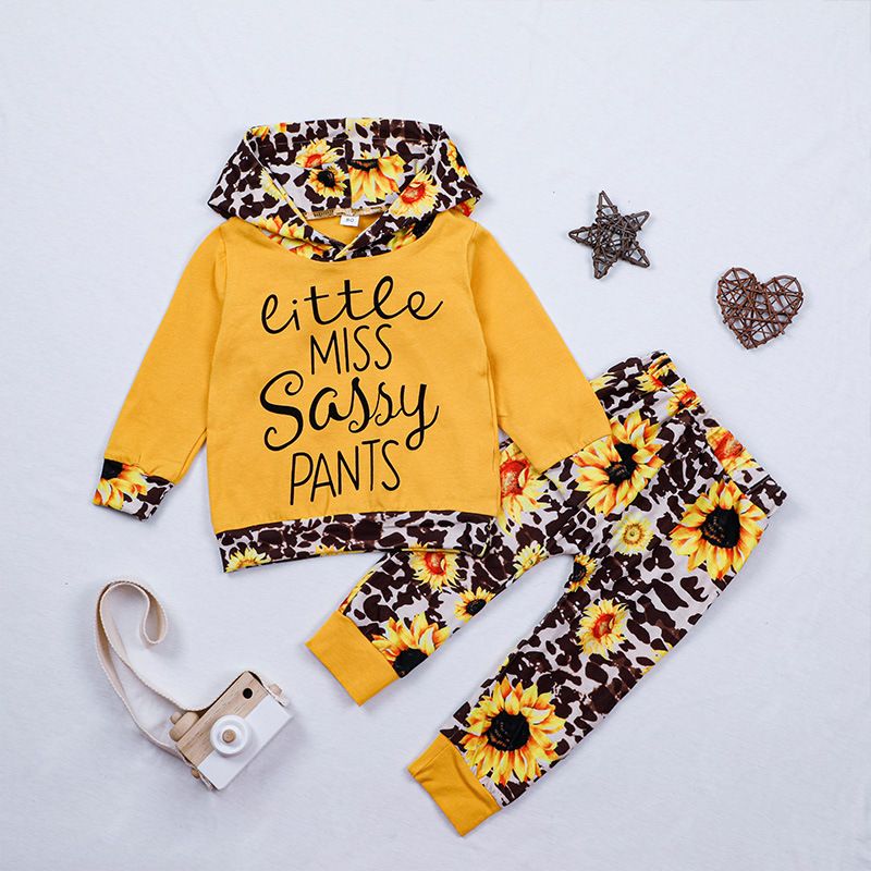 2020 Printed Baby Suit Autumn Letter Romper Trousers Two-piece Hooded Long-sleeved T-shirt + Pants Children's Clothing
