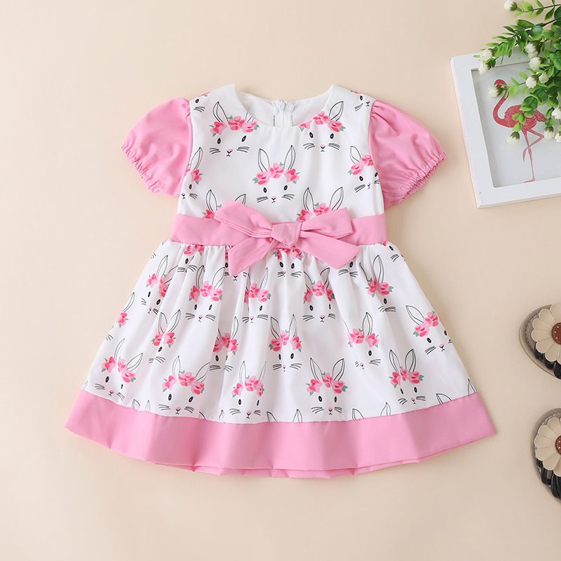 Korean Children's Clothing Summer Fashion Bow Short-sleeved Rabbit Print Loose Dress