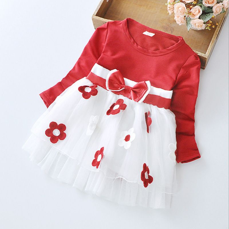Autumn Korean Long-sleeved Loose Baby Cute Bow Flower Dress
