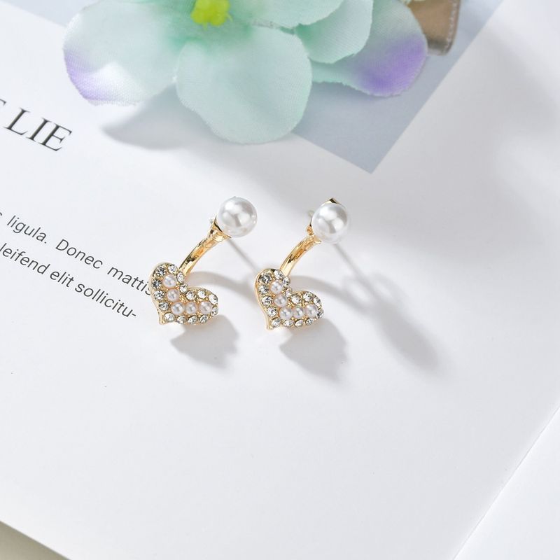 Corée Simple Perle Diamant Amour 925 Aiguille En Argent Avant Arrière Mignon Petites Boucles D&#39;oreilles En Alliage