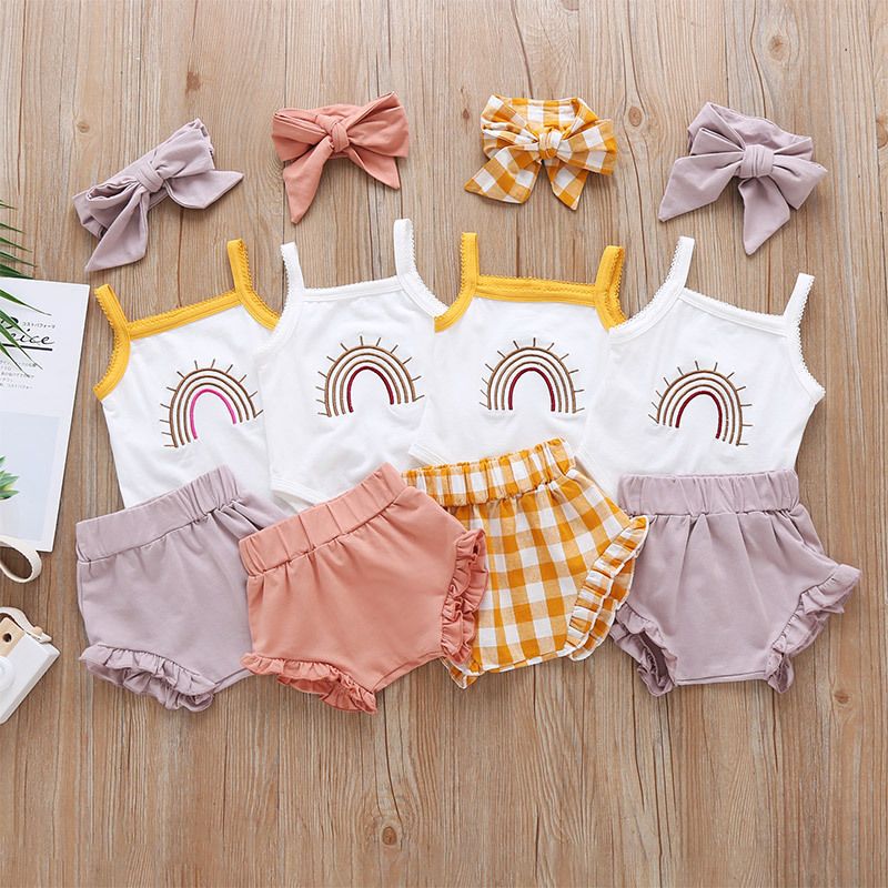 Summer Baby Girl   Romper Plaid Shorts Three-piece Baby Pants Set Fashion Baby Clothe