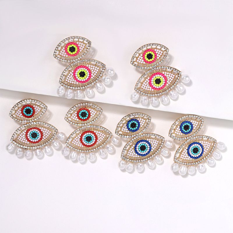 Irregular Geometric Blue Eyes Diamonds Stitching Pearl Tassel Earrings Wholesale