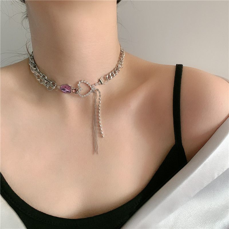 Purple Love Rhinestone Tassel Thick Necklace Clavicle Chain Wholesale