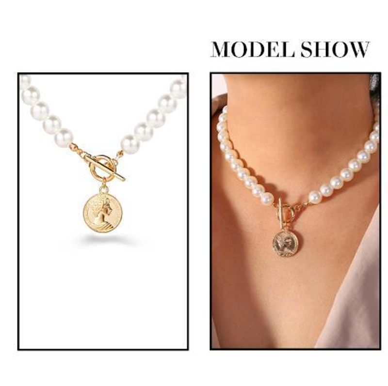 New Artificial Pearl Coin Pendant Necklace Creative Retro Simple  Necklace