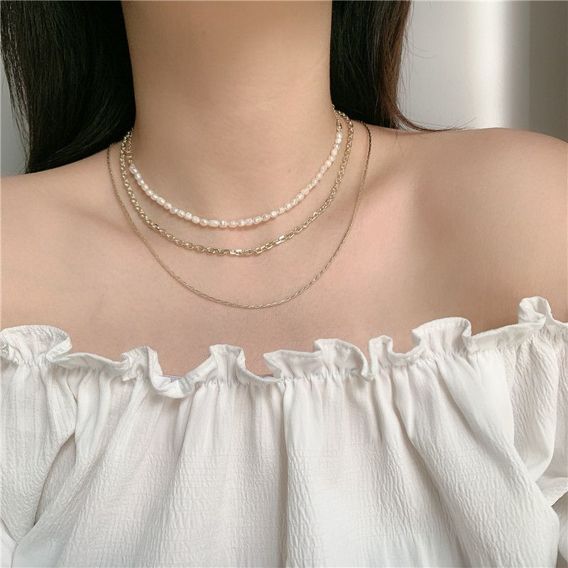 Fashion Retro Metal  Three-layer Short Freshwater Pearl Necklace