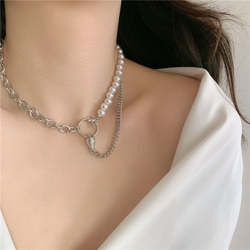 Fashion Snake Head Star Pearl Chain Stitching Short Clavicle Chain Necklace