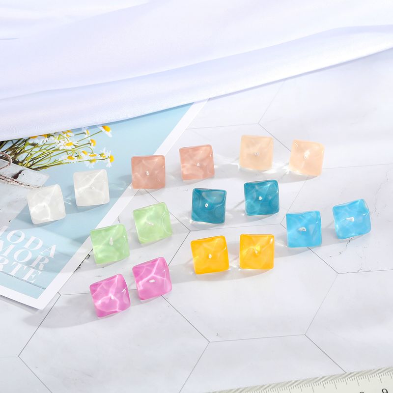 New Minimalist 925 Silver Needle Stud Wave Transparent Candy Square Resin Earrings