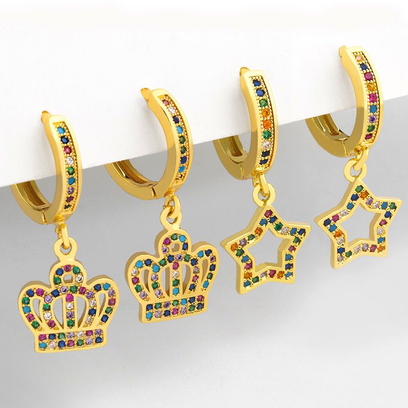 New  Micro-inlaid Color Zircon Crown Fashion Five-pointed Star Cooper Earrings