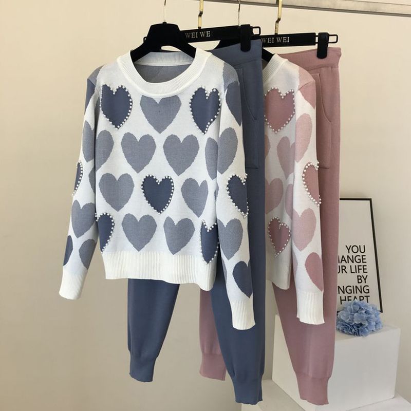 New Fashion Beaded Sweet Love Printed Sweater Two-piece Suit