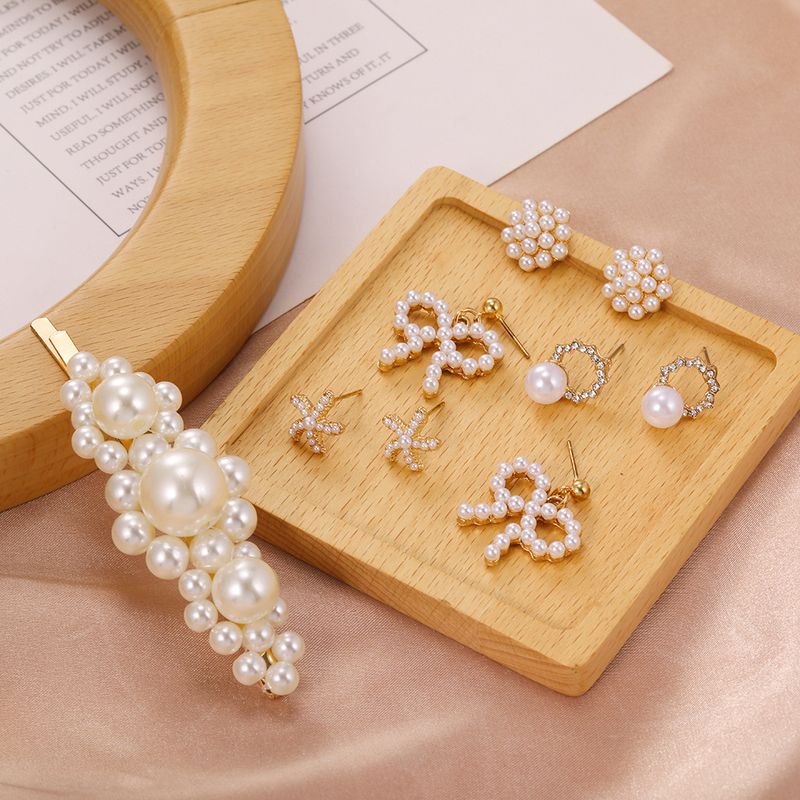 Korea Simple Pearl Geometric Diamond Earrings