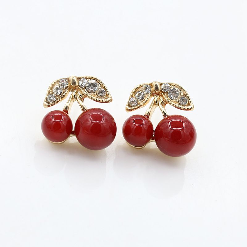 Cute Diamond Leaf Cherry Earrings