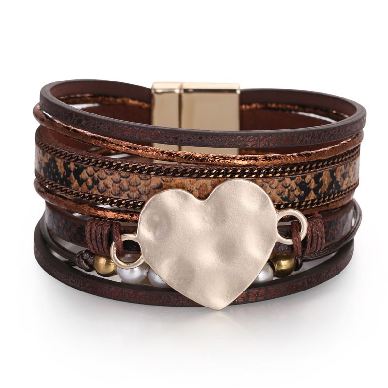 Bohemian Multi-layer Pearl Snake Pattern Leather Bracelet