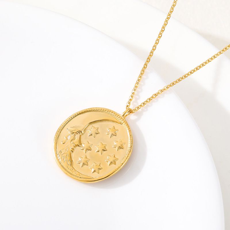 New Disc Embossed Moon Star Pendant Necklace