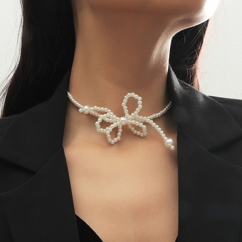 Korean Cute Pearl Bow Necklace