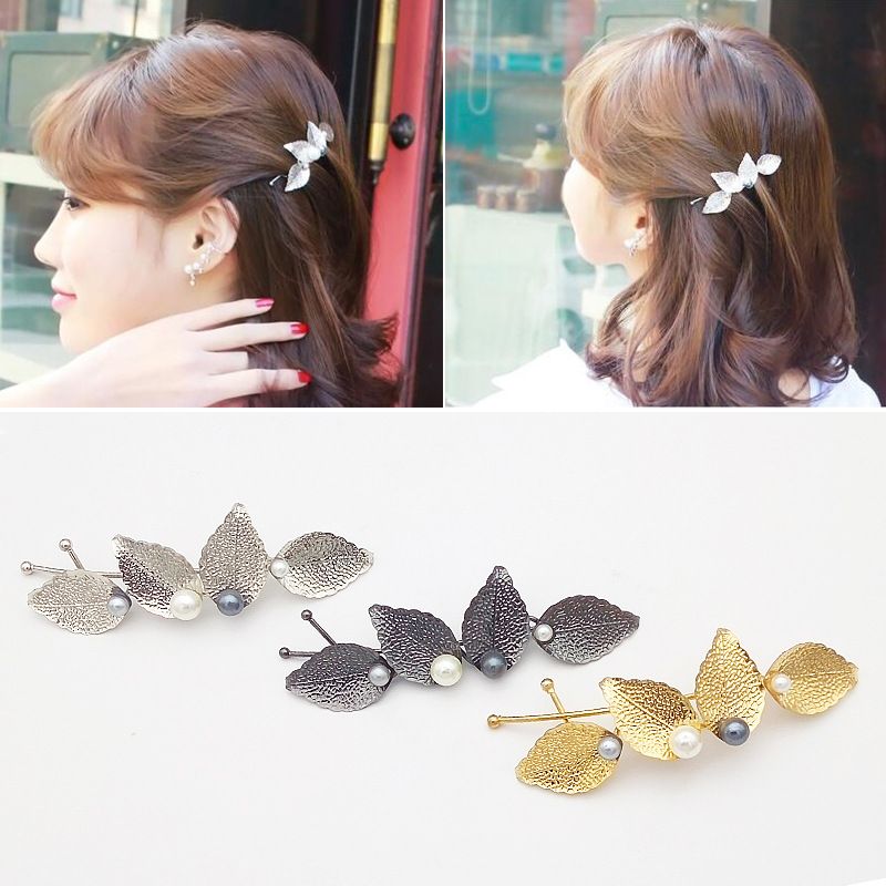 Korean Simple Metal Leaf Retro Pearl Hairpin