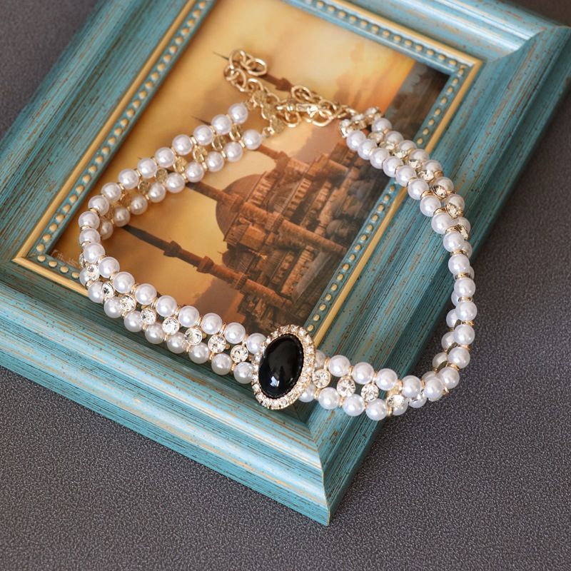 Vintage Pearl White Black Gem Necklace