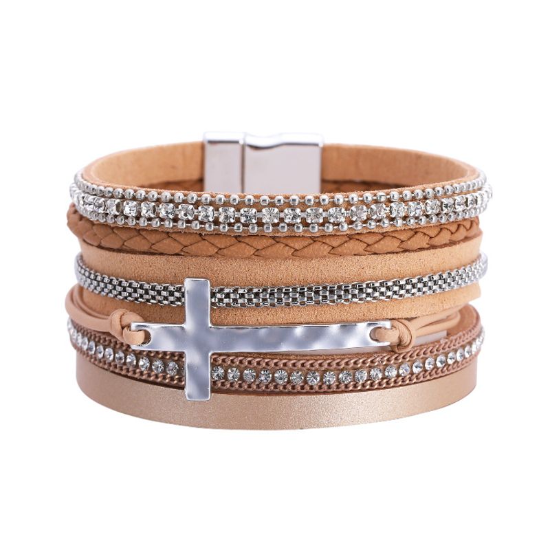 Bohemian Diamond Cross Leather Magnetic Buckle Bracelet