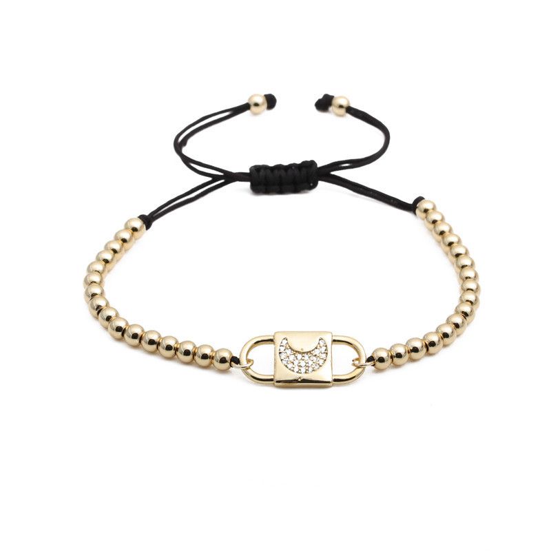 Simple Zircon Moon Copper Beads Black Rope Adjustable Bracelet