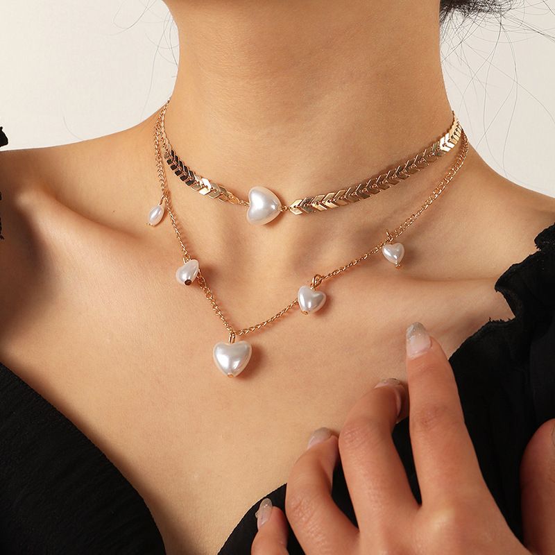 Collier De Perles De Coeur Simple Double Couche De Mode