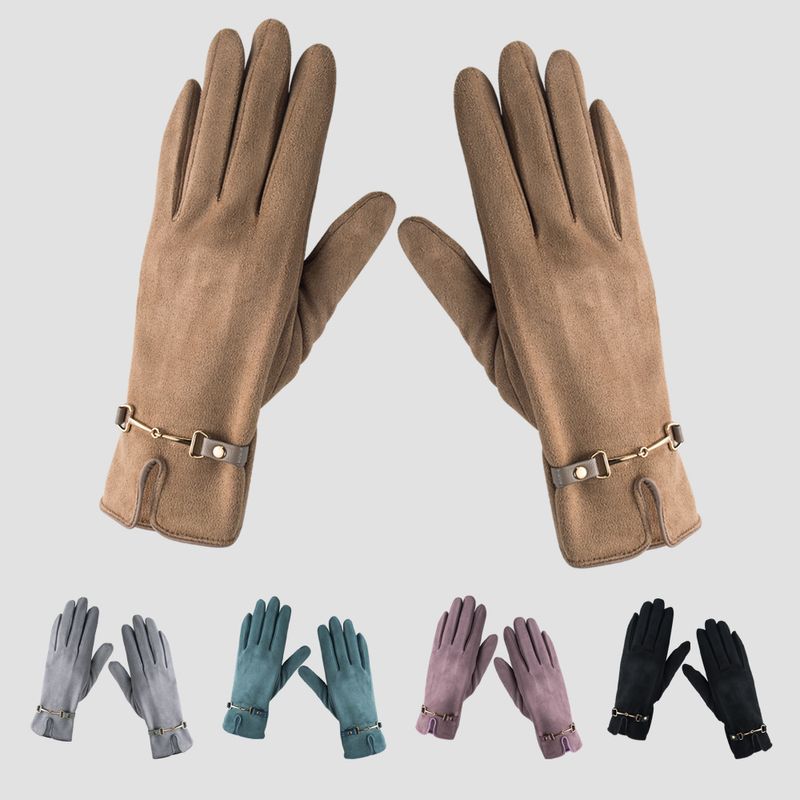 Plus Velvet Chain Gloves Female Autumn And Winter Warmth Riding Driving Solid Color Five-finger Gloves
