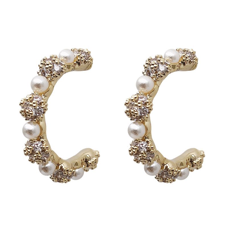 Korea Micro-inlaid Zircon Pearl C-shaped Earring Temperament Geometric Circle Earrings Simple High-end Earrings