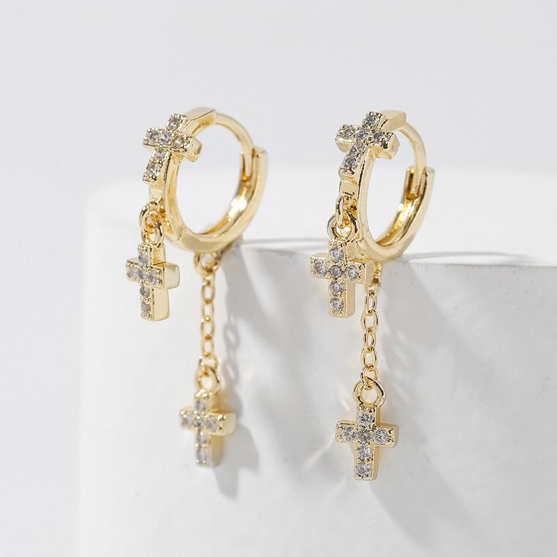 Korean Style Simple Copper Inlaid Zirconium Religious Cross Earrings Trend Long Exquisite Color-preserving Earrings