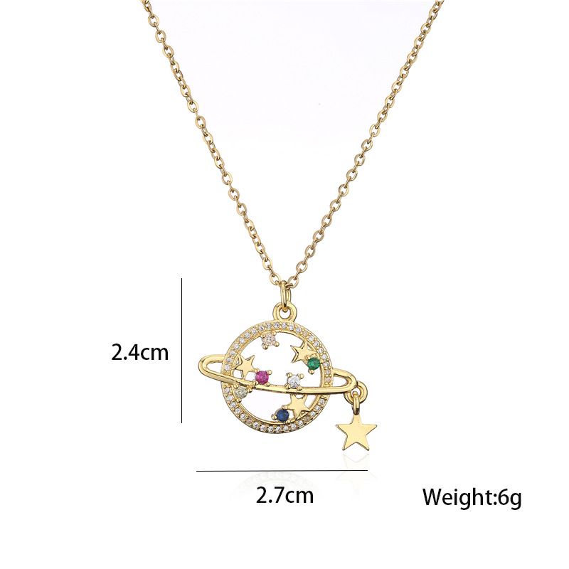 Copper Micro-inlaid Color Zircon Personality Planet Pendant 18k Gold Plated Star Necklace