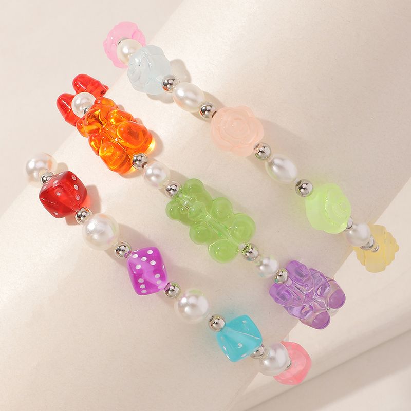 Cute Transparent Bear Pearl Contrast Bracelet Set