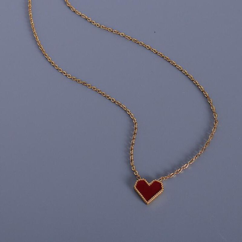 L165 Entrada Francesa Lux Corazón Rojo Esmalte Clavícula Cadena Collar Titanio Acero 18k Oro Vintage En Forma De Corazón Clavícula Collar