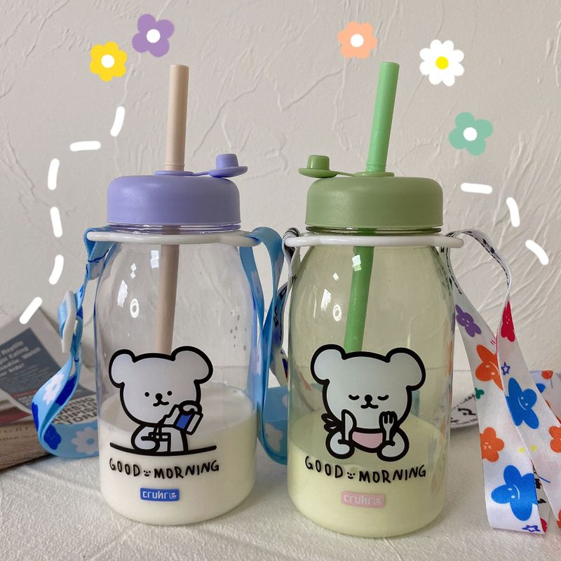 Cute Student Plastic Straw Cup Portable Strap Water Cup Personalized Cup