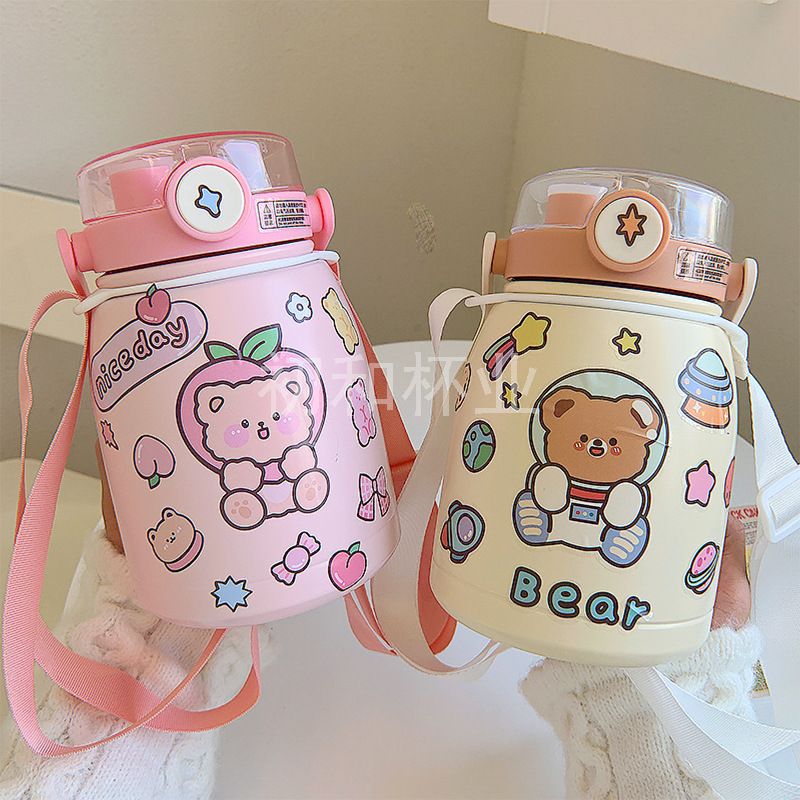 Cute Vacuum Flask Large Capacity Double Drinking Straws Portable Cups