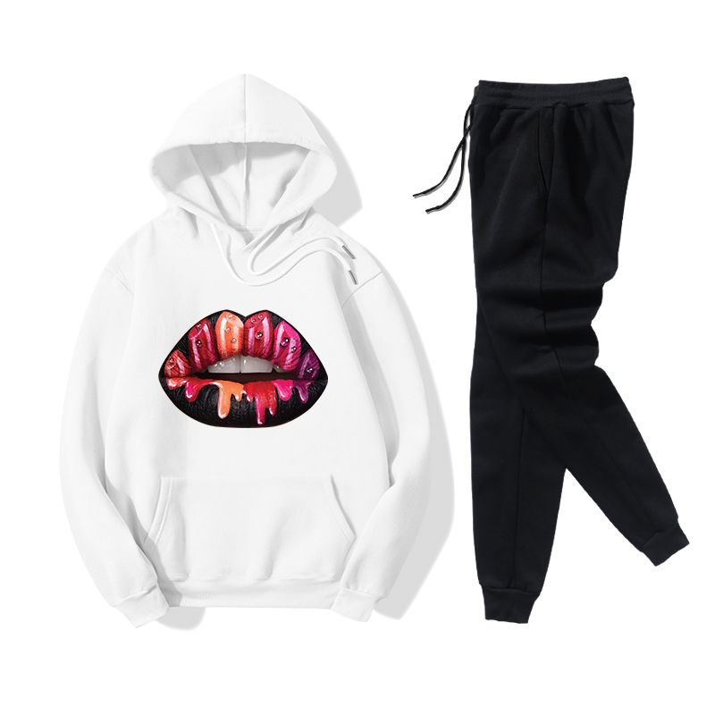 Hooded Black Red Lips Printed Sweater Casual Pants Fleece Two-piece Suit