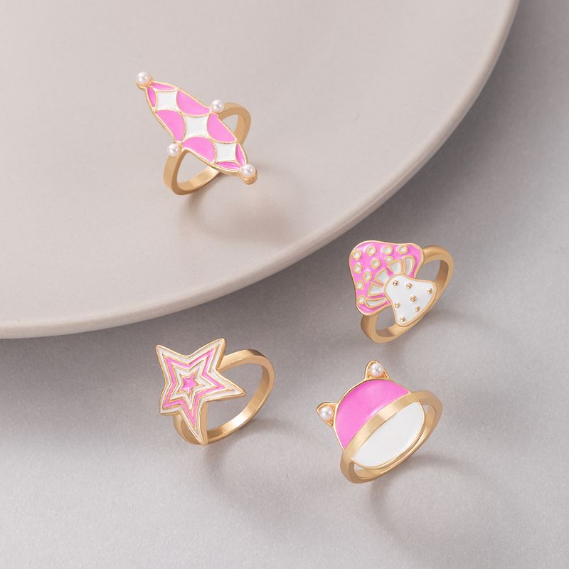 New Jewelry Pink Mushroom Star Drop Oil Ring Four Piece Set