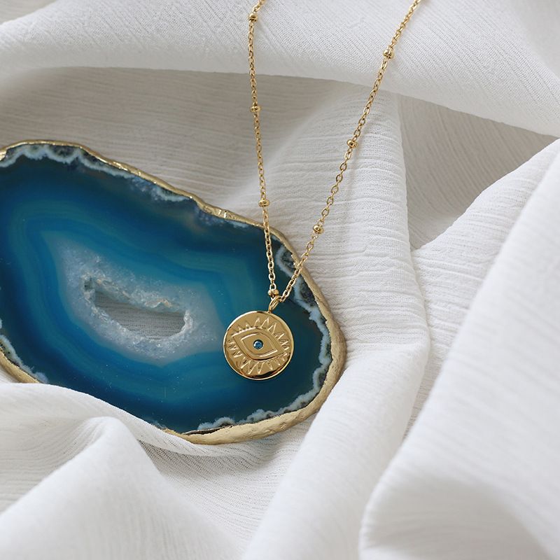Ethnic Style Blue Diamond Blue Eyes Gold Coin Necklace Clavicle Chain Titanium Steel Gold-plated